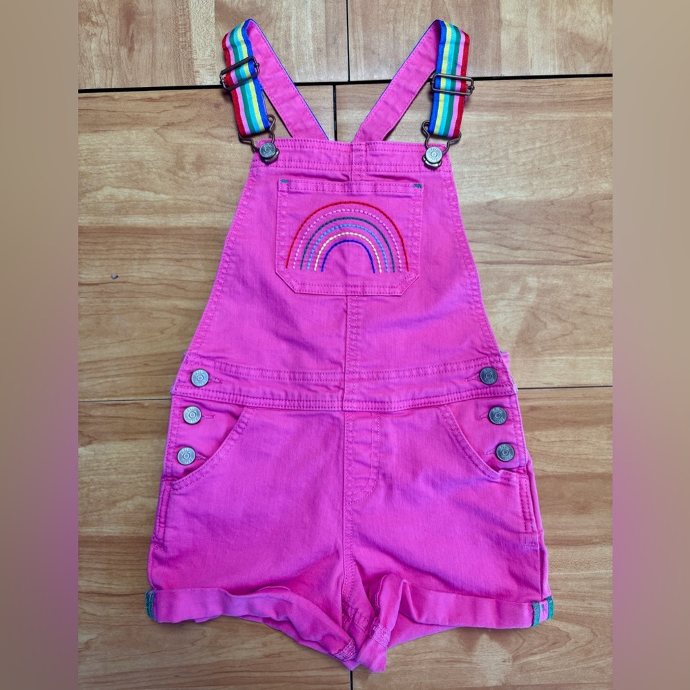 Mini Boden Strawberry Ice Pink Rainbow fun short overalls 7-8Y. Bubble Gum Pink!